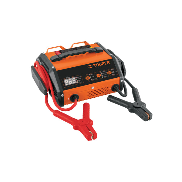 Cargador automatico de baterias Truper para 6 y 12 volts, con pinzas y display digital