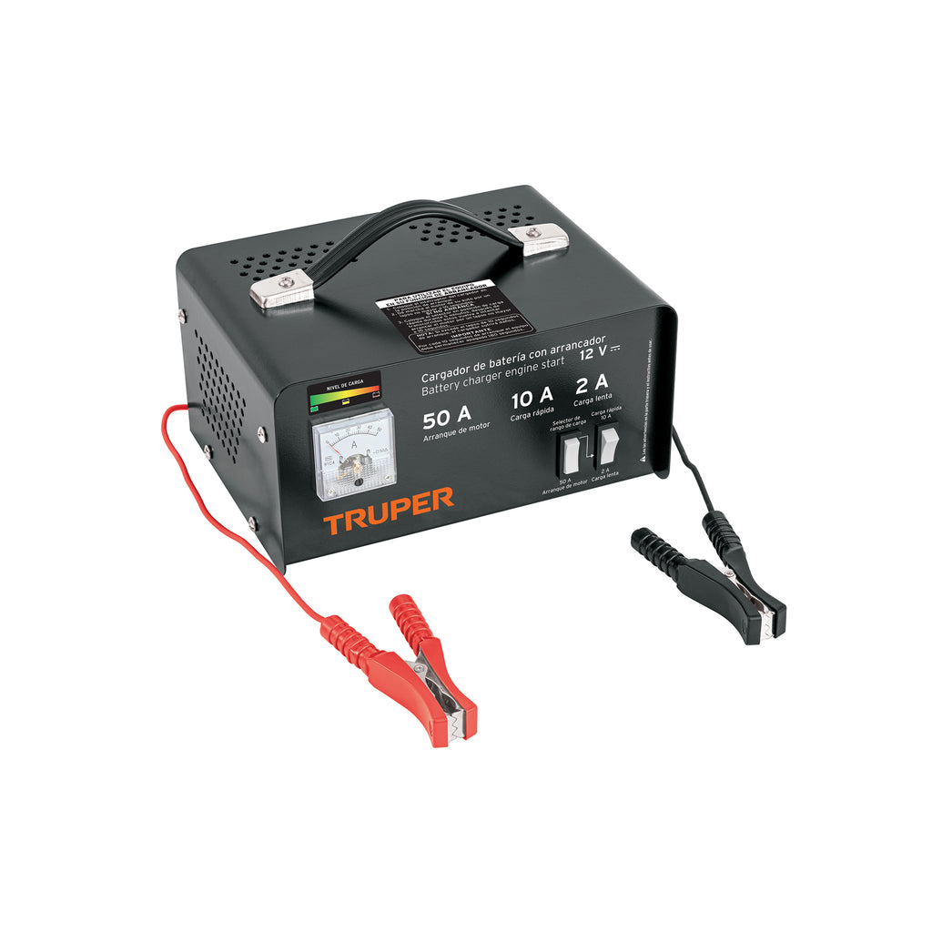 Cargador de baterias Truper de 50 A para 12 volts, con pinzas roja y negra