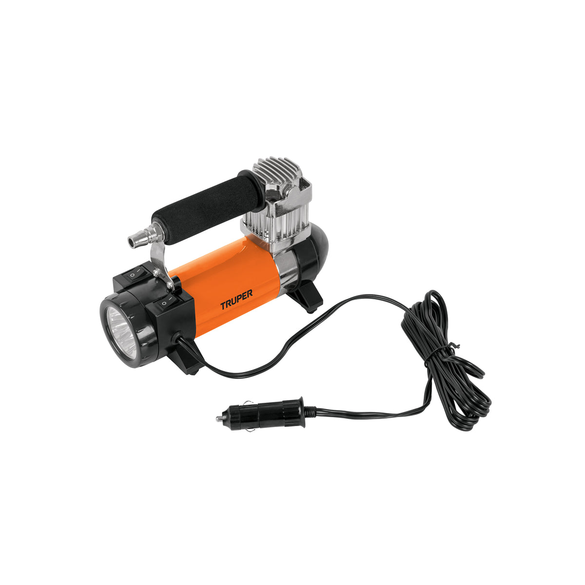 Inflador portatil Truper de 12 volts con manometro y linterna LED, se conecta al encendedor