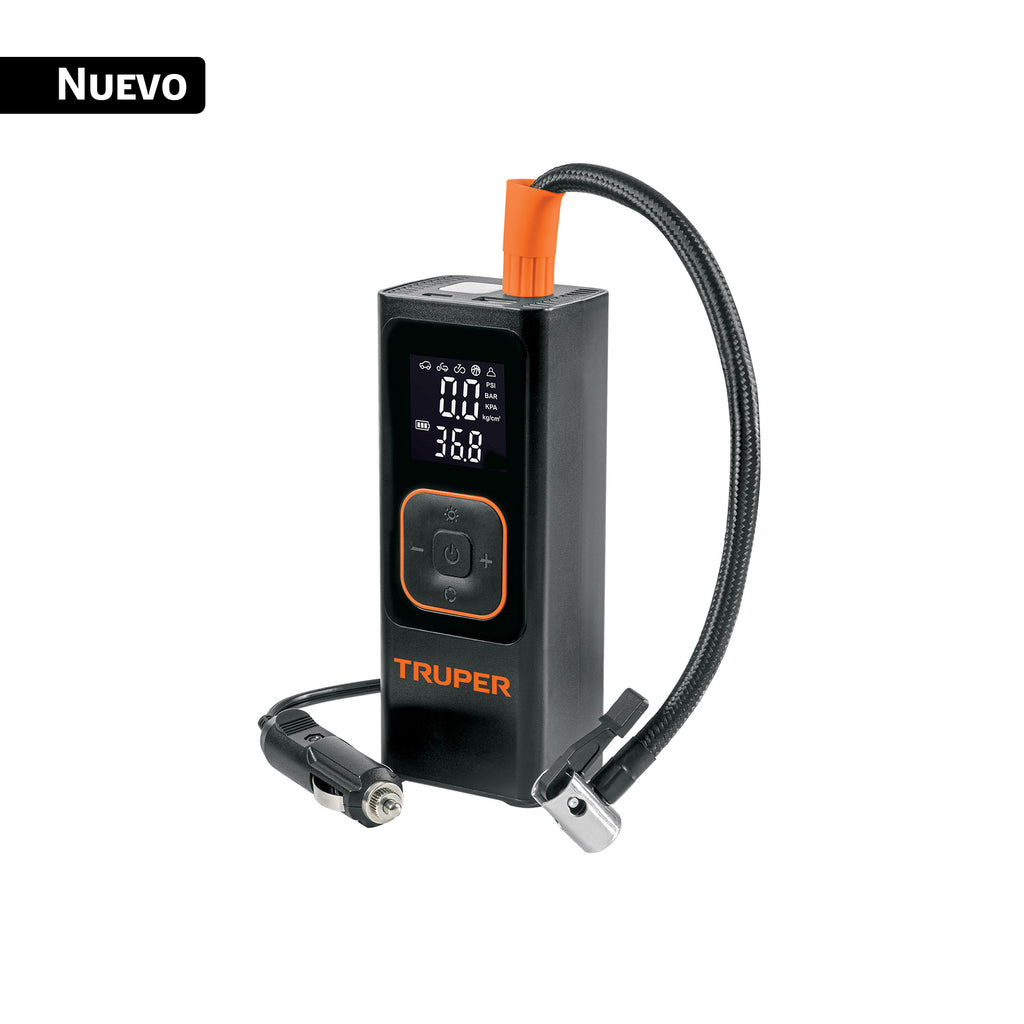 Inflador inalambrico Truper de 150 PSI con linterna LED y manometro digital