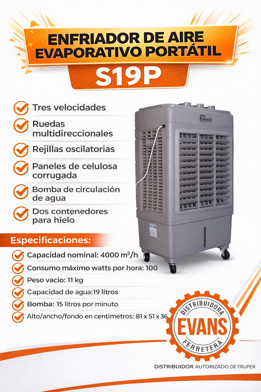 Enfriador de aire evaporativo portátil S19P