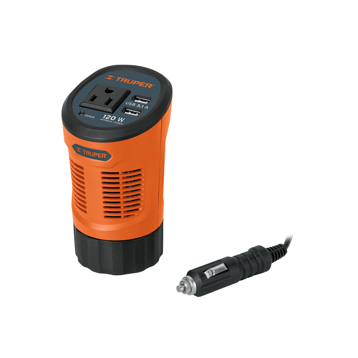 Inversor de corriente Truper de 120 W tipo vaso, se conecta al encendedor del auto