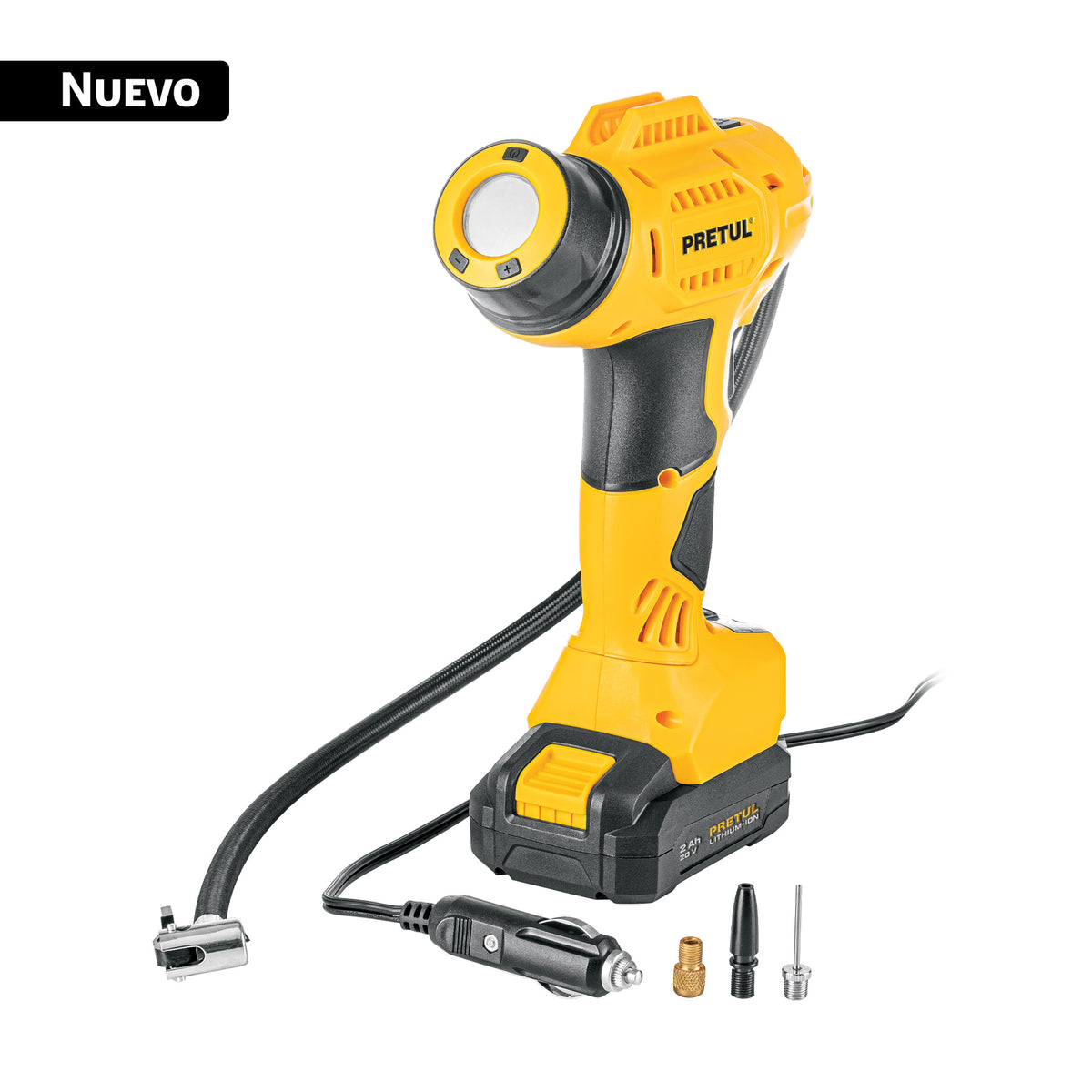 Inflador inalambrico Pretul INFI-20P de 20 V para auto, con manguera y manometro digital