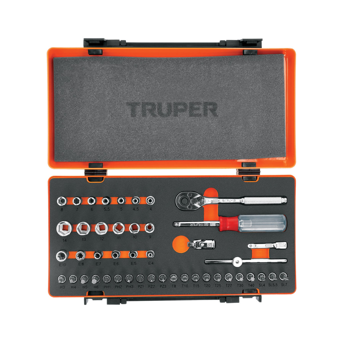 Juego de dados milimétrico 45 piezas cuadro 1/4 Truper JD-1/4X45M con estuche metálico