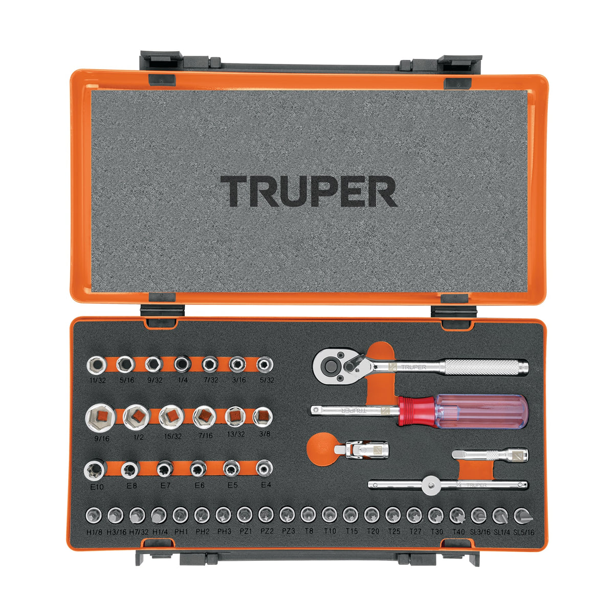 Juego de dados en pulgadas 45 piezas cuadro 1/4 Truper JD-1/4X45P con estuche metálico