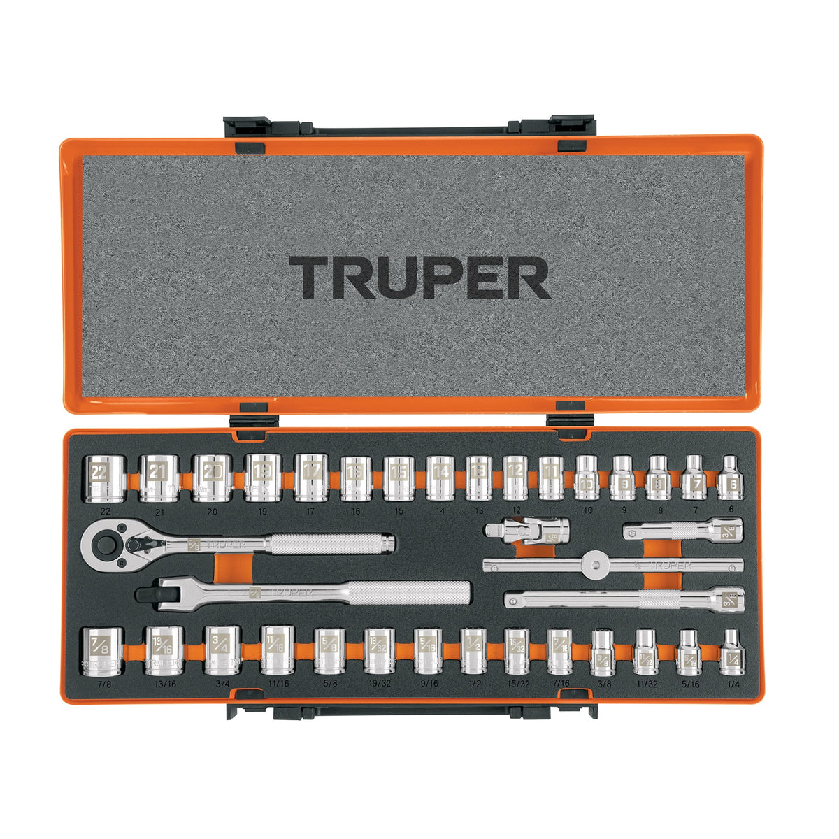 Juego de dados 36 piezas cuadro 3/8 Truper JD-3/8X36MP milimétrico y en pulgadas, estuche metálico