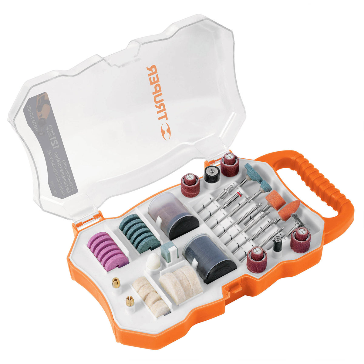 Kit de 121 accesorios Truper para herramienta rotativa, con discos de lija, tambores y ruedas de pulido en estuche organizador